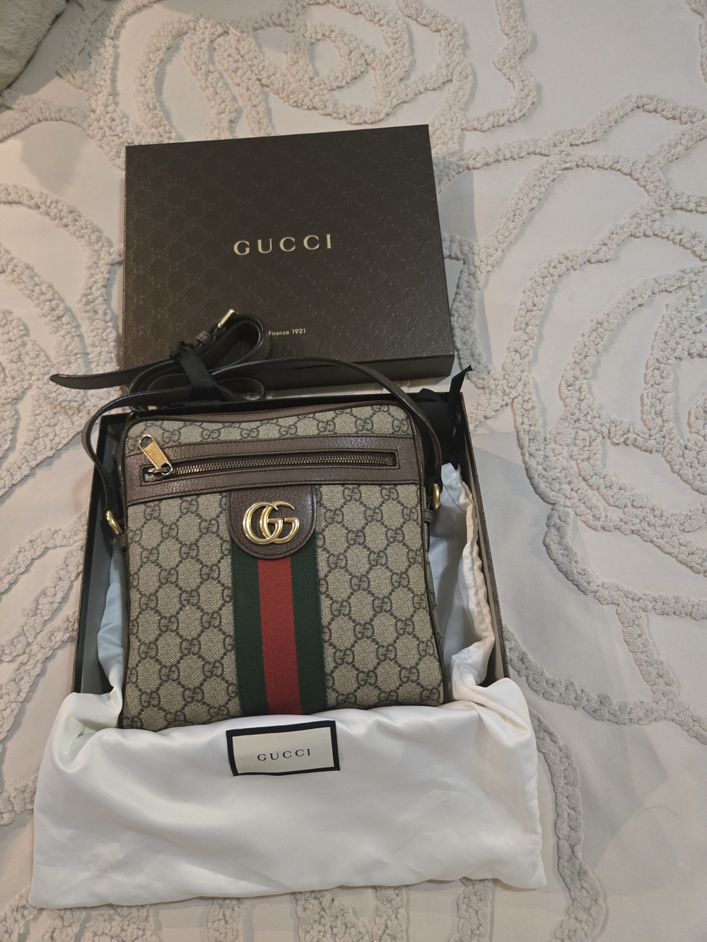 Gucci Beige/Brown GG Supreme Crossbody with Red and Green Web